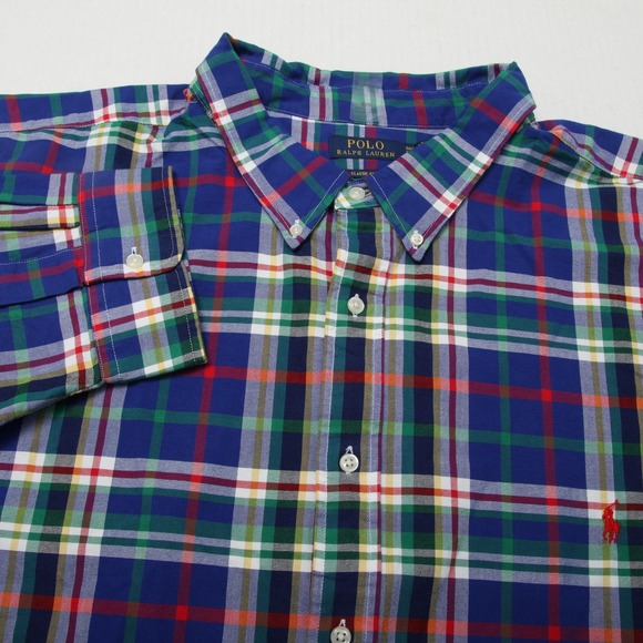 Polo Ralph Lauren Shirt Mens 5XL Blue Green Red Plaid Classic Fit Button Down - Picture 1 of 11